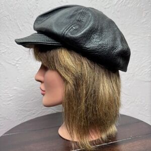 Vintage 90's Riviera Women's Newboy Black Genuine Leather Cap Cabbie Hat